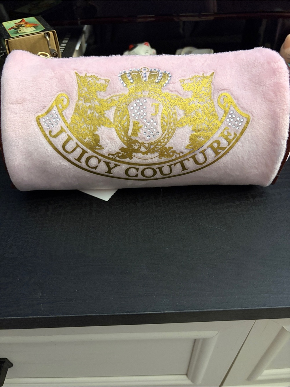 Juicy Couture Pink Plush Phone Case with Gold Crest and Crystal Accents